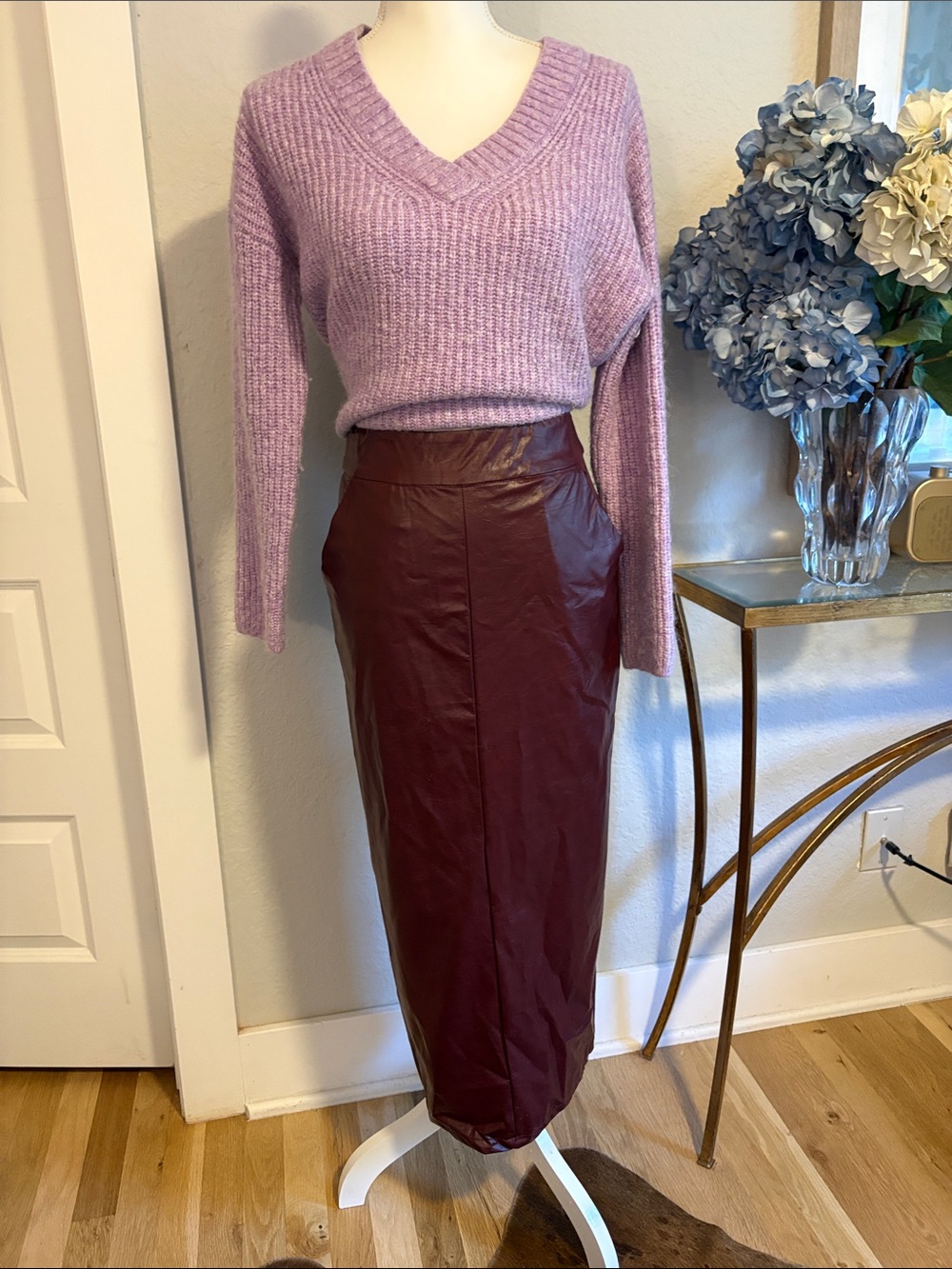 Amazon burgundy Women's Faux Leather Maxi Skirt - Burgundy